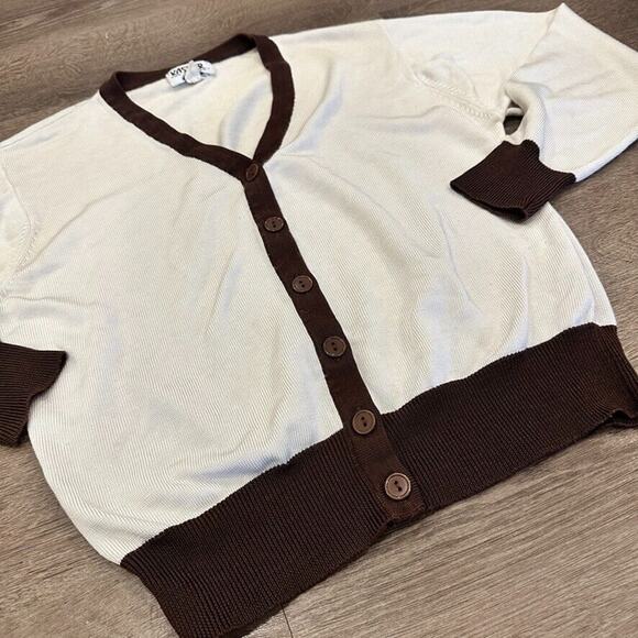 Vintage Kasper ASL Cardigan‎ Womens Small Cream Brown Academia Button Front - Picture 3 of 7